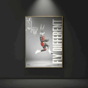 Canvas art print by Henrix of Bugs Bunny dunking a basketball with the words “Fly Different”