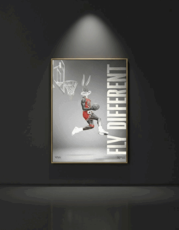 Canvas art print by Henrix of Bugs Bunny dunking a basketball with the words “Fly Different”