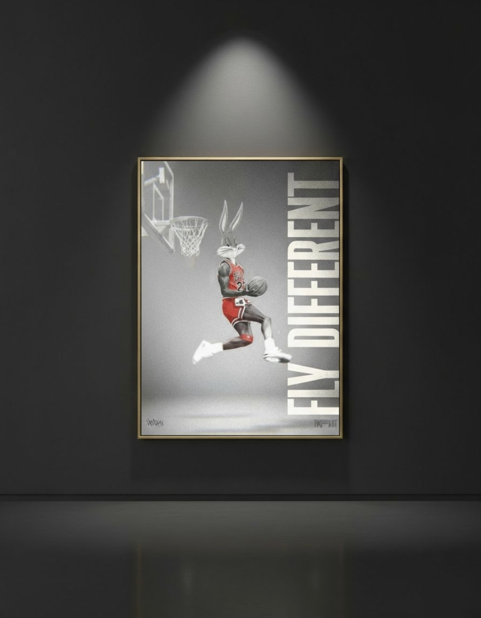 Canvas art print by Henrix of Bugs Bunny dunking a basketball with the words “Fly Different”