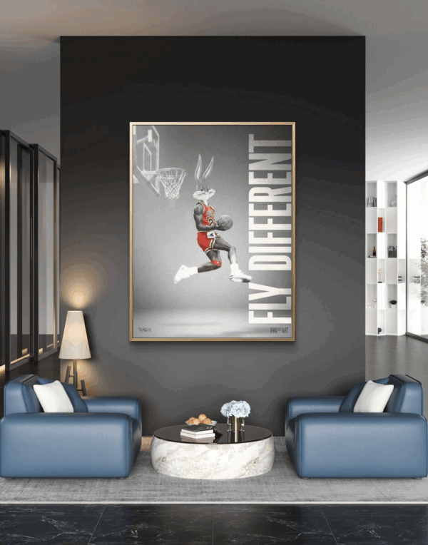 Canvas art print by Henrix of Bugs Bunny dunking a basketball with the words “Fly Different”