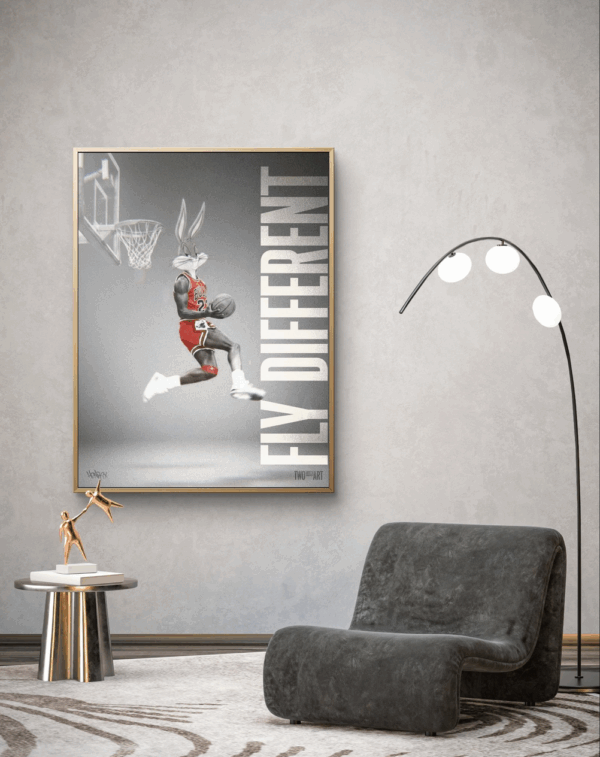 Canvas art print by Henrix of Bugs Bunny dunking a basketball with the words “Fly Different”