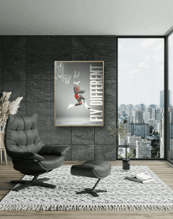 Canvas art print by Henrix of Bugs Bunny dunking a basketball with the words “Fly Different”