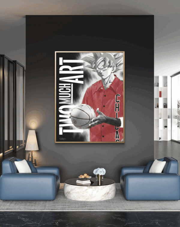 Artwork by Henrix showing Goku holding a basketball, wearing a red Chicago jersey