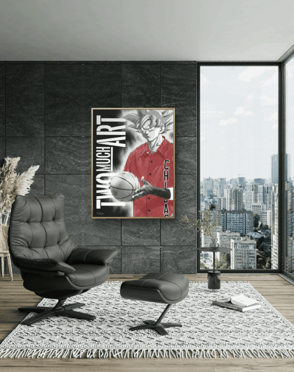 Artwork by Henrix showing Goku holding a basketball, wearing a red Chicago jersey