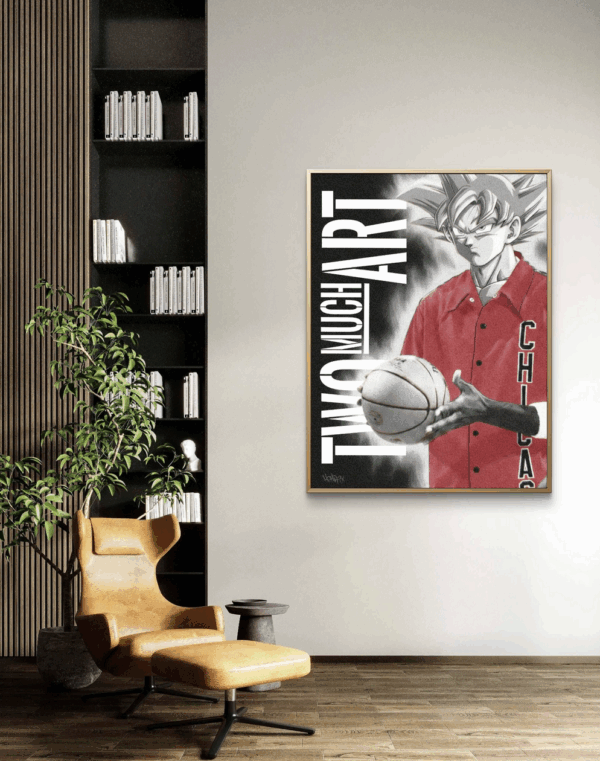 Artwork by Henrix showing Goku holding a basketball, wearing a red Chicago jersey
