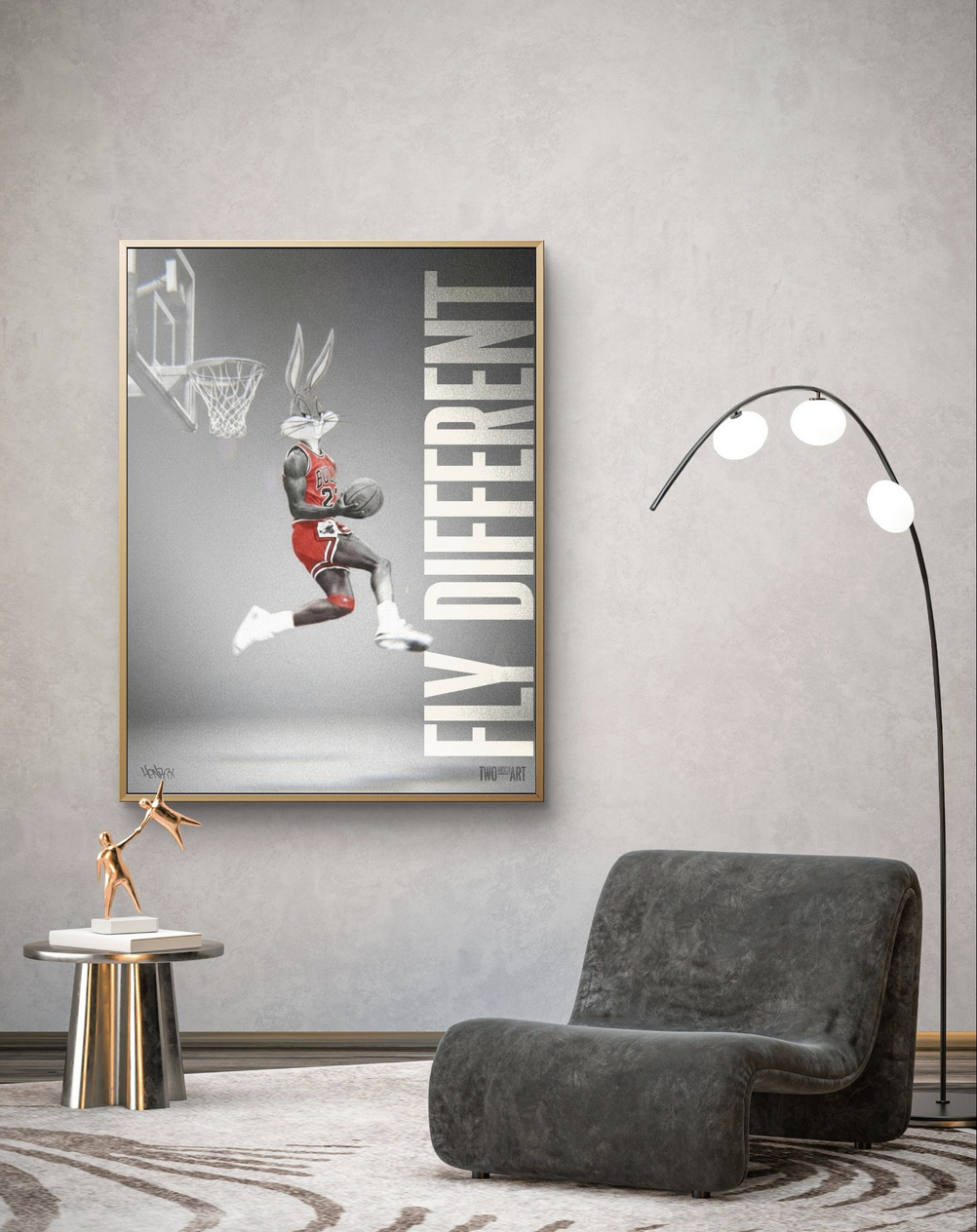 Canvas art print by Henrix of Bugs Bunny dunking a basketball with the words “Fly Different”
