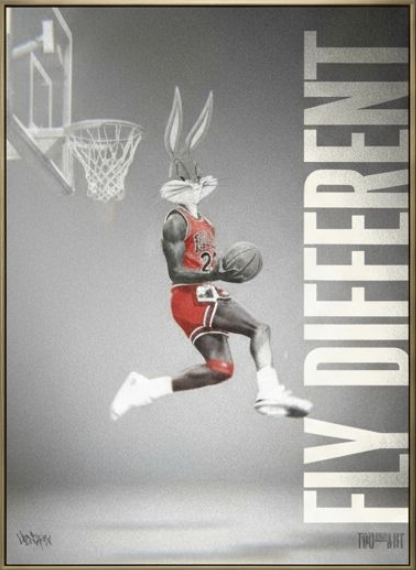 Canvas art print by Henrix of Bugs Bunny dunking a basketball with the words “Fly Different”