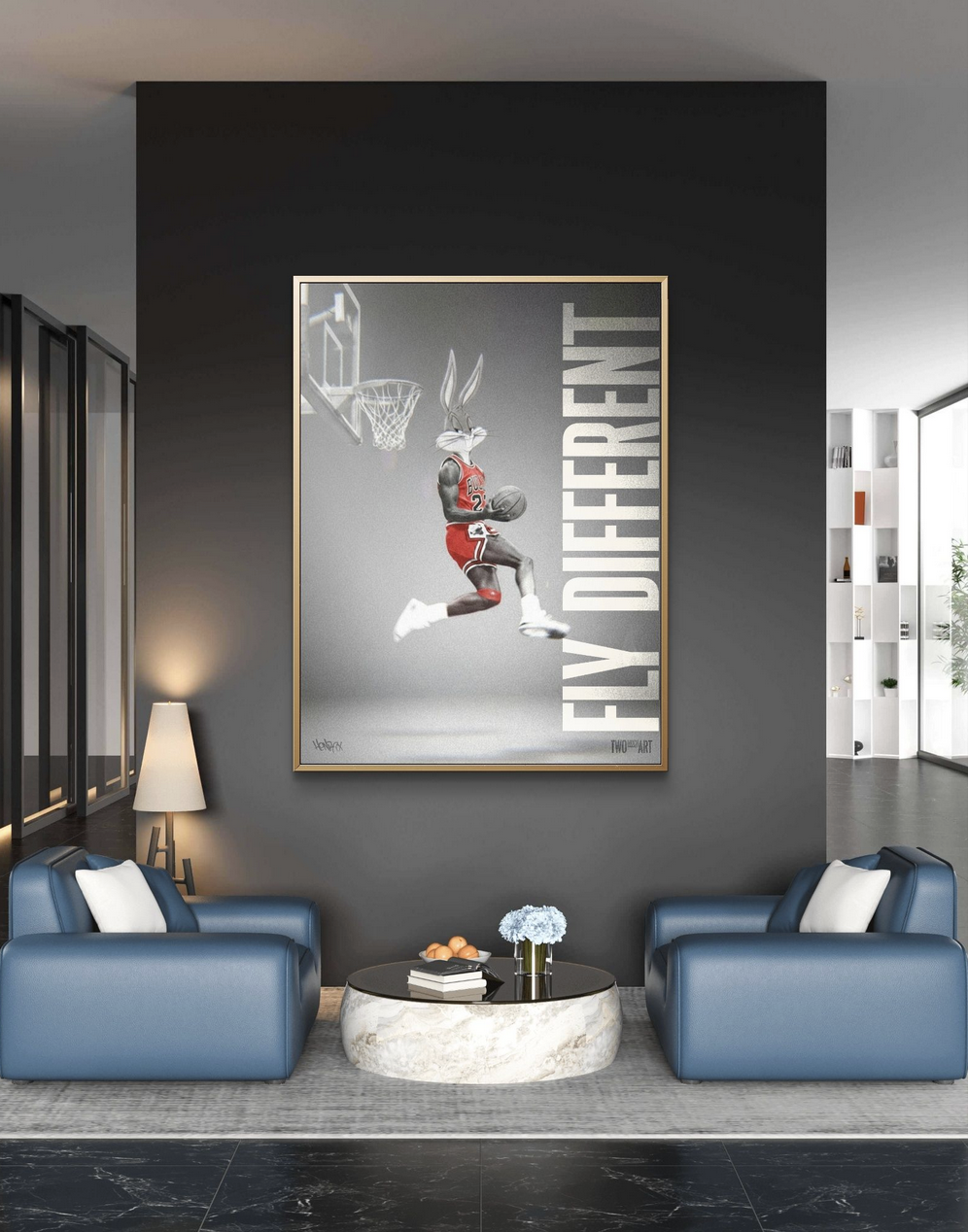Canvas art print by Henrix of Bugs Bunny dunking a basketball with the words “Fly Different”