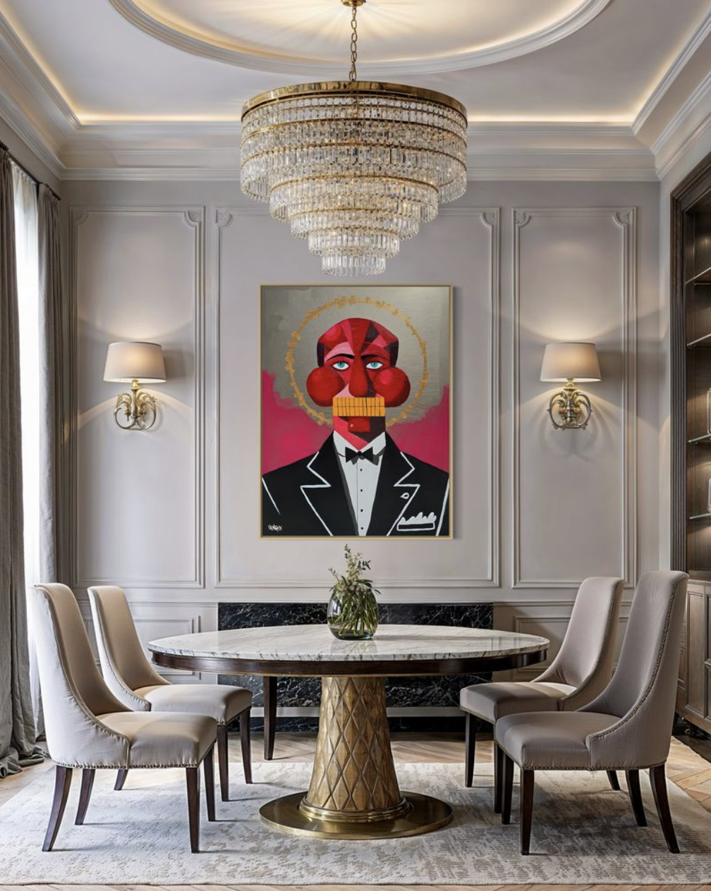 Garçon by Henrix is a portrait of a man in a tuxedo with a geometric red face, blue eyes, and a golden halo.