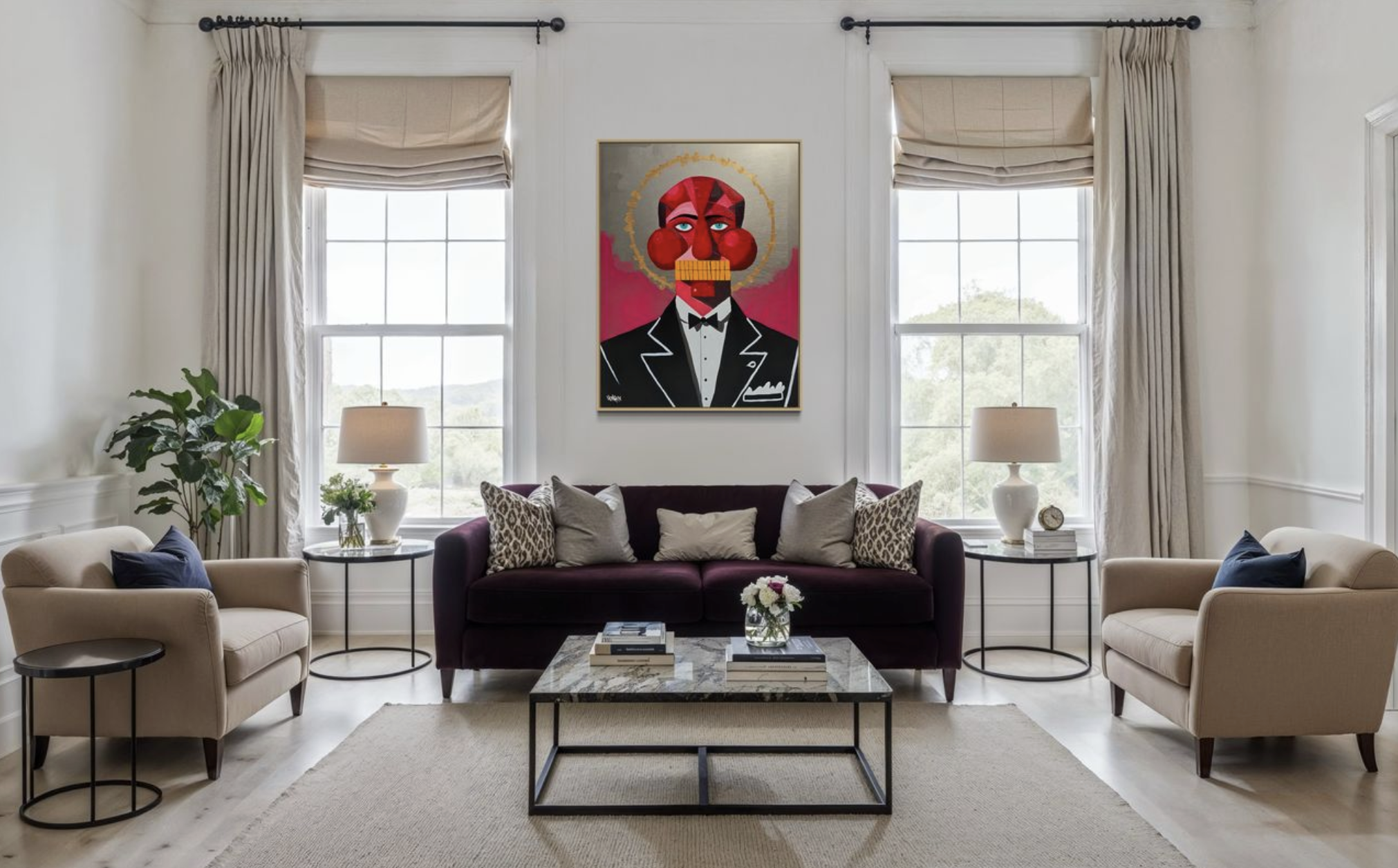 Garçon by Henrix is a portrait of a man in a tuxedo with a geometric red face, blue eyes, and a golden halo.