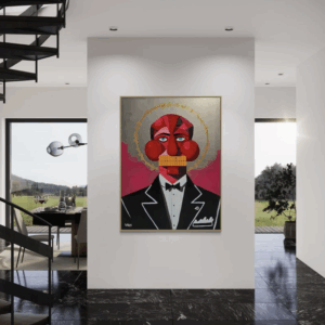 Garçon by Henrix is a portrait of a man in a tuxedo with a geometric red face, blue eyes, and a golden halo.