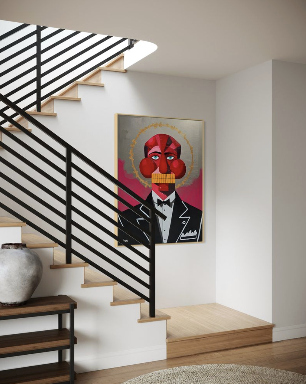 Garçon by Henrix is a portrait of a man in a tuxedo with a geometric red face, blue eyes, and a golden halo.