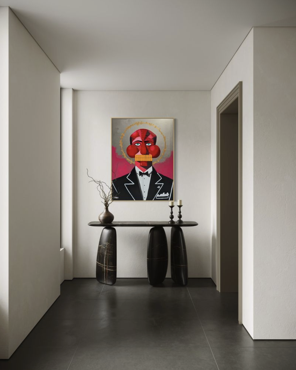 Garçon by Henrix is a portrait of a man in a tuxedo with a geometric red face, blue eyes, and a golden halo.