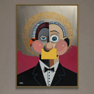 Alfred by Henrix is an abstract portrait of a man in a tuxedo with bold geometric color blocks, and a gold halo effect on a silver and red background.