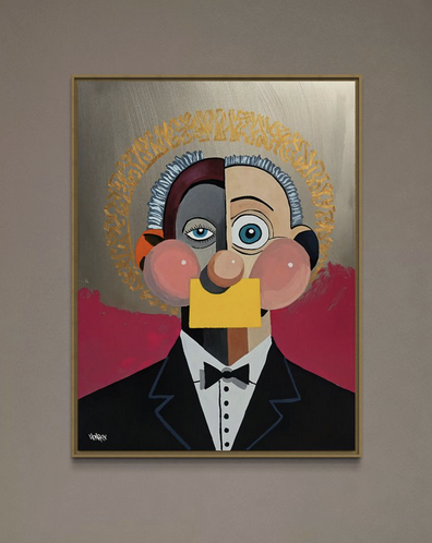 Alfred by Henrix is an abstract portrait of a man in a tuxedo with bold geometric color blocks, and a gold halo effect on a silver and red background.