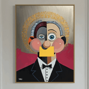Alfred by Henrix is an abstract portrait of a man in a tuxedo with bold geometric color blocks, and a gold halo effect on a silver and red background.