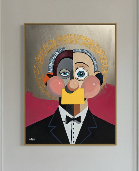 Alfred by Henrix is an abstract portrait of a man in a tuxedo with bold geometric color blocks, and a gold halo effect on a silver and red background.
