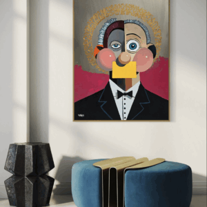 Alfred canvas print by Henrix featuring a bold geometric portrait of a man in a tuxedo with color blocks and a gold halo effect