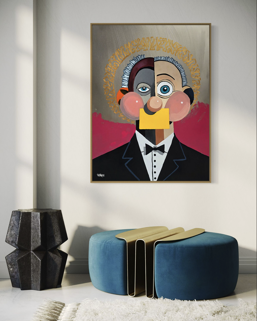 Alfred canvas print by Henrix featuring a bold geometric portrait of a man in a tuxedo with color blocks and a gold halo effect