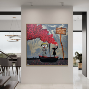 Painting on canvas titled I’ll Get There by Henrix, symbolizing doubt and determination through a surreal boat journey