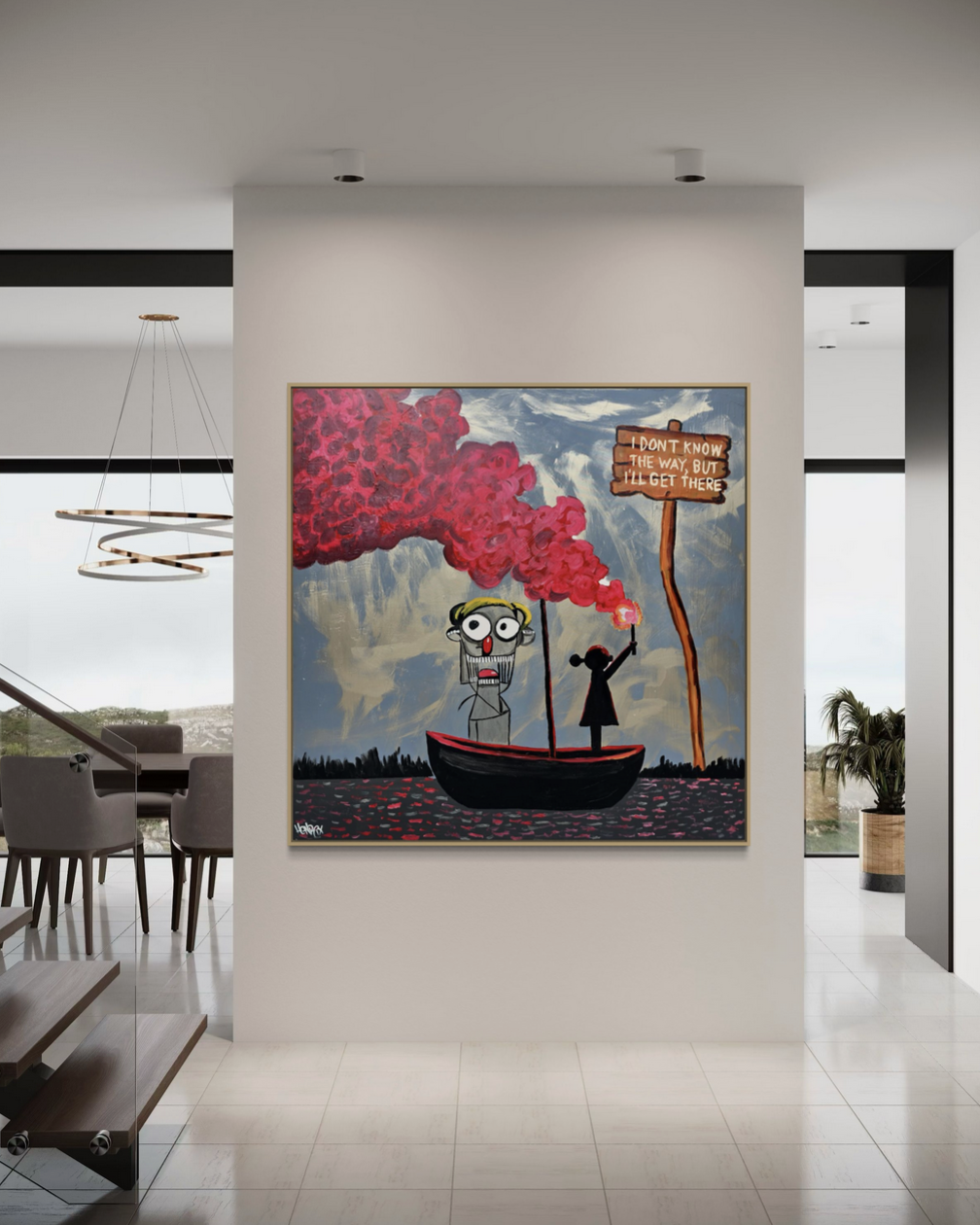 Painting on canvas titled I’ll Get There by Henrix, symbolizing doubt and determination through a surreal boat journey