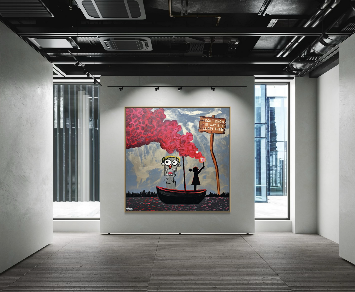 Painting on canvas titled I’ll Get There by Henrix, symbolizing doubt and determination through a surreal boat journey