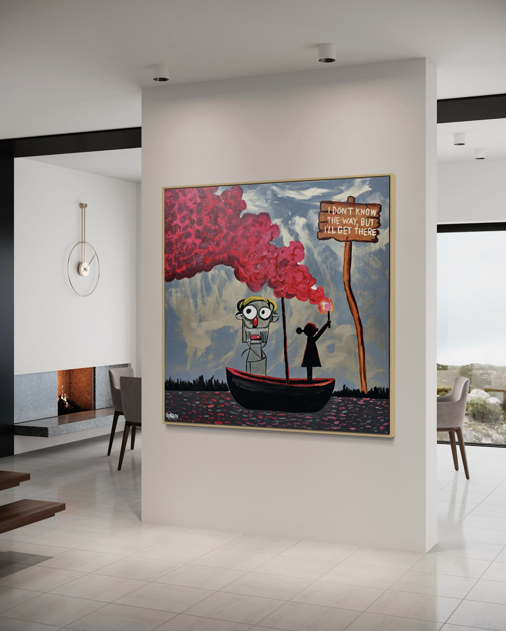 Painting on canvas titled I’ll Get There by Henrix, symbolizing doubt and determination through a surreal boat journey