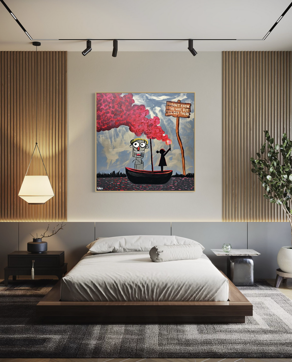 Painting on canvas titled I’ll Get There by Henrix, symbolizing doubt and determination through a surreal boat journey