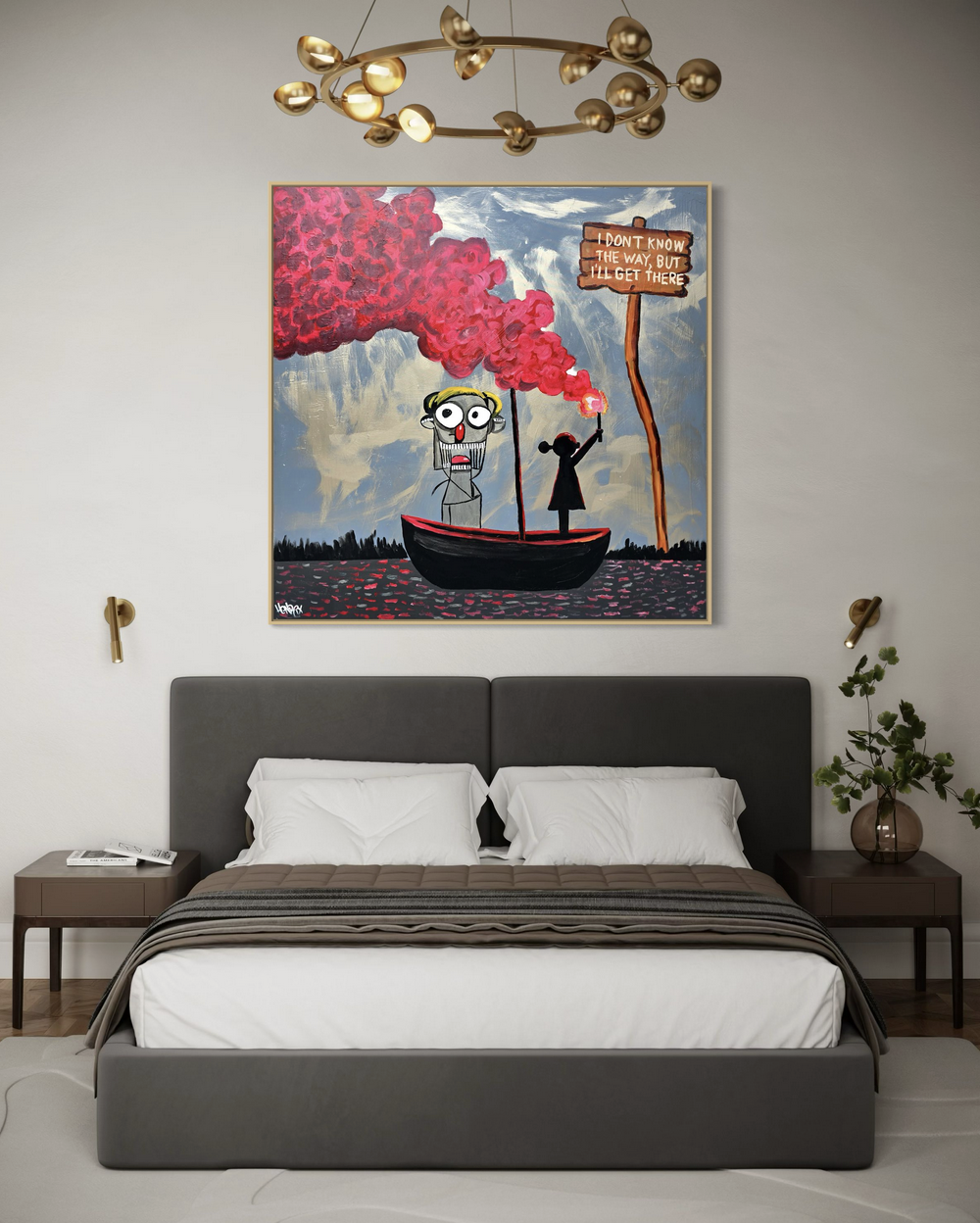 Painting on canvas titled I’ll Get There by Henrix, symbolizing doubt and determination through a surreal boat journey