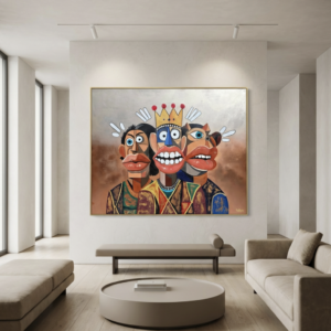 Three surreal characters with bold expressions and wide eyes stand together in Henrix’s Phantasia series.