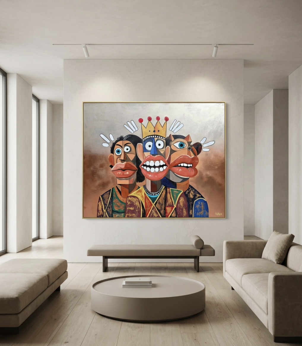 Three surreal characters with bold expressions and wide eyes stand together in Henrix’s Phantasia series.