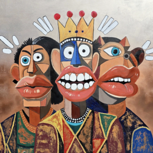 Three surreal characters with bold expressions and wide eyes stand together in Henrix’s Phantasia series.