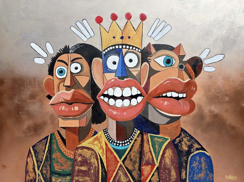 Three surreal characters with bold expressions and wide eyes stand together in Henrix’s Phantasia series.