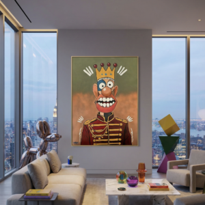 Painting from the Phantasia series depicting a crowned figure with expressive eyes, and royal costume.