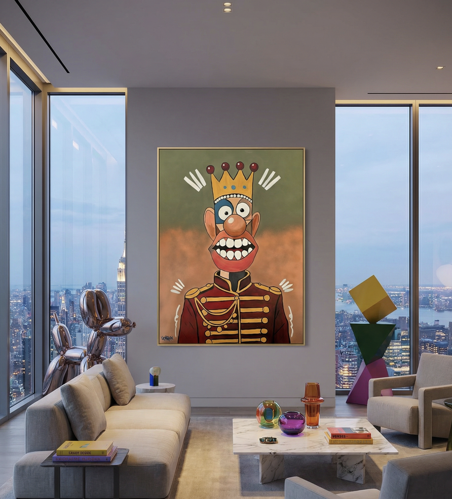 Painting from the Phantasia series depicting a crowned figure with expressive eyes, and royal costume.