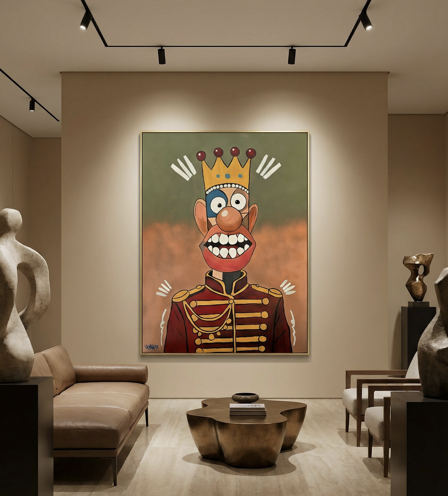 Painting from the Phantasia series depicting a crowned figure with expressive eyes, and royal costume.