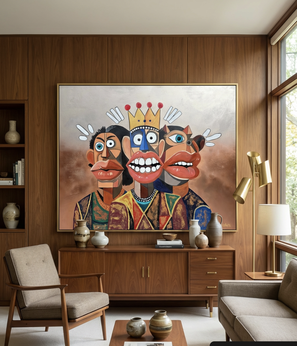 Three surreal characters with bold expressions and wide eyes stand together in Henrix’s Phantasia series.