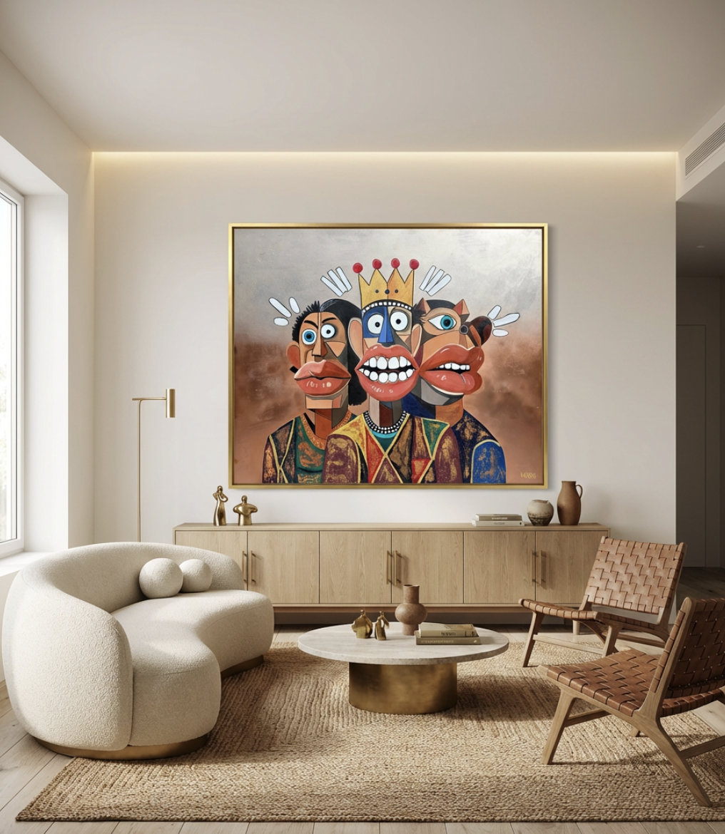 Three surreal characters with bold expressions and wide eyes stand together in Henrix’s Phantasia series.