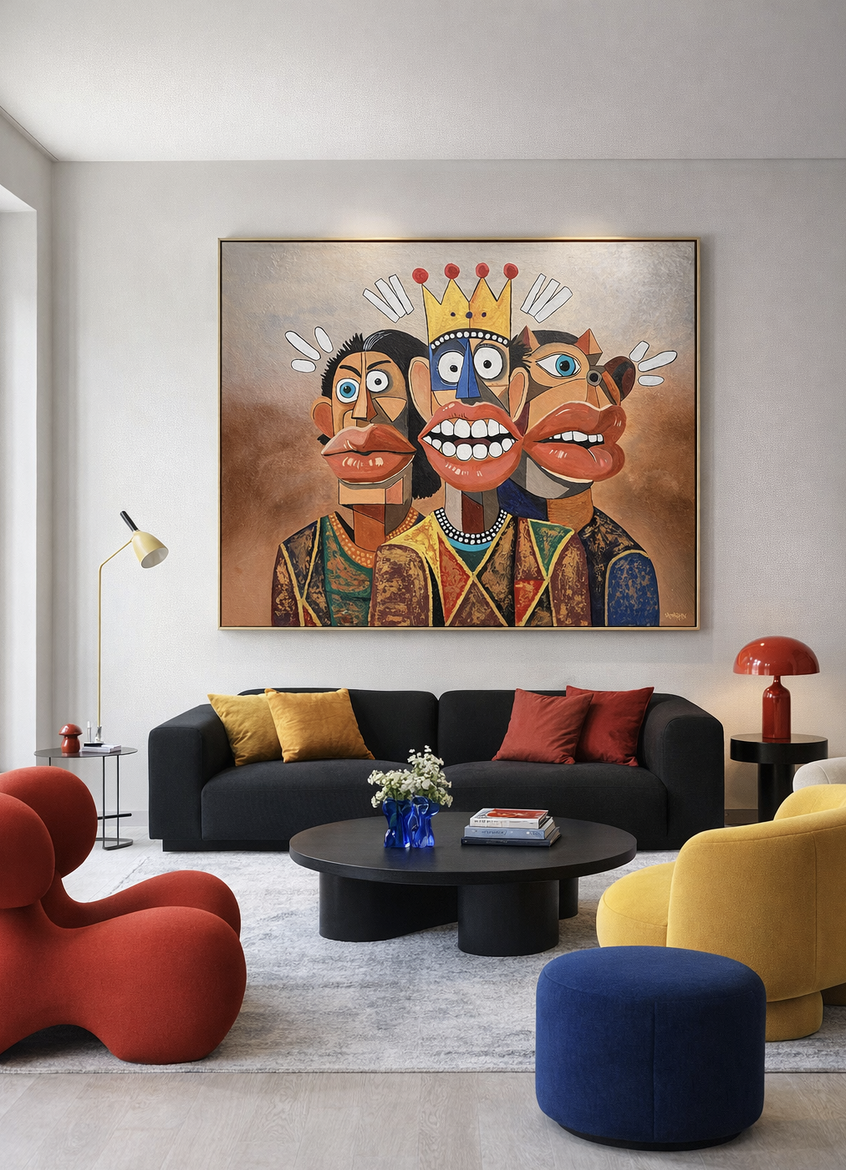 Three surreal characters with bold expressions and wide eyes stand together in Henrix’s Phantasia series.