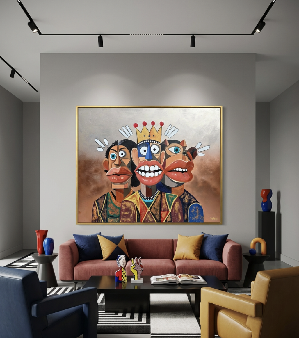 Three surreal characters with bold expressions and wide eyes stand together in Henrix’s Phantasia series.