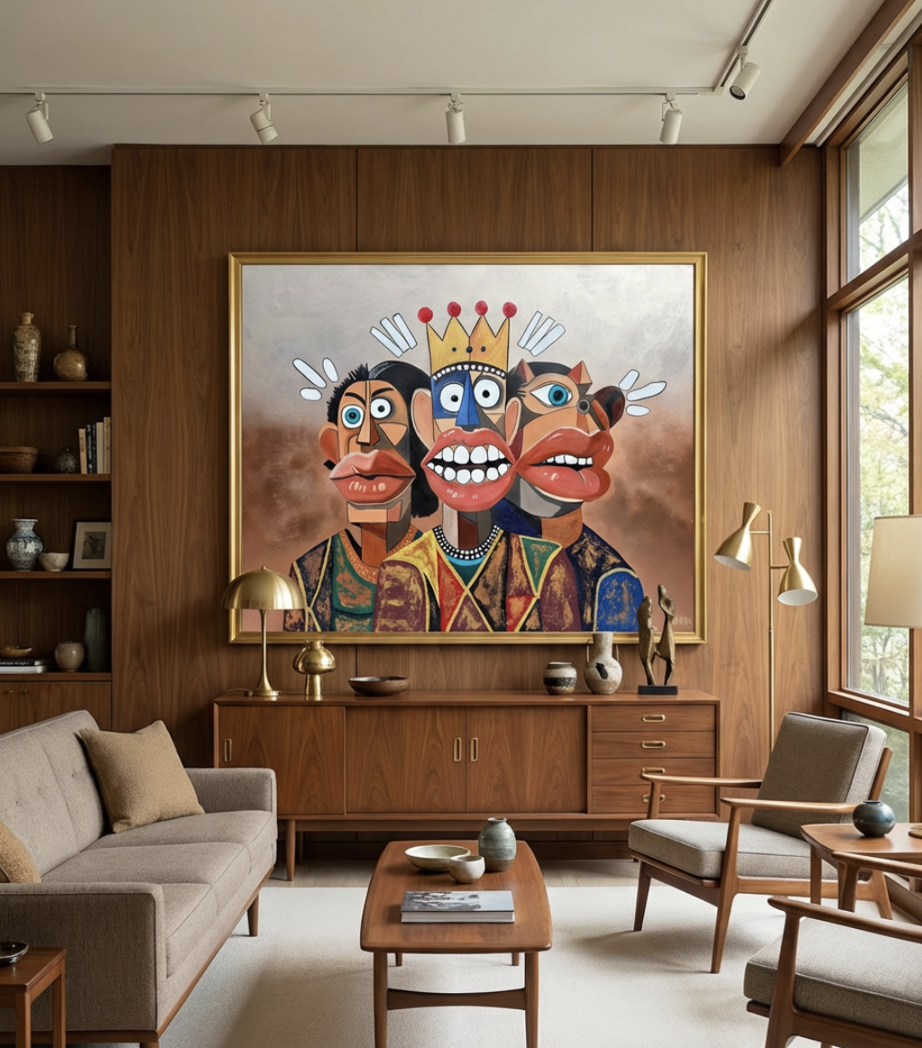 Three surreal characters with bold expressions and wide eyes stand together in Henrix’s Phantasia series.