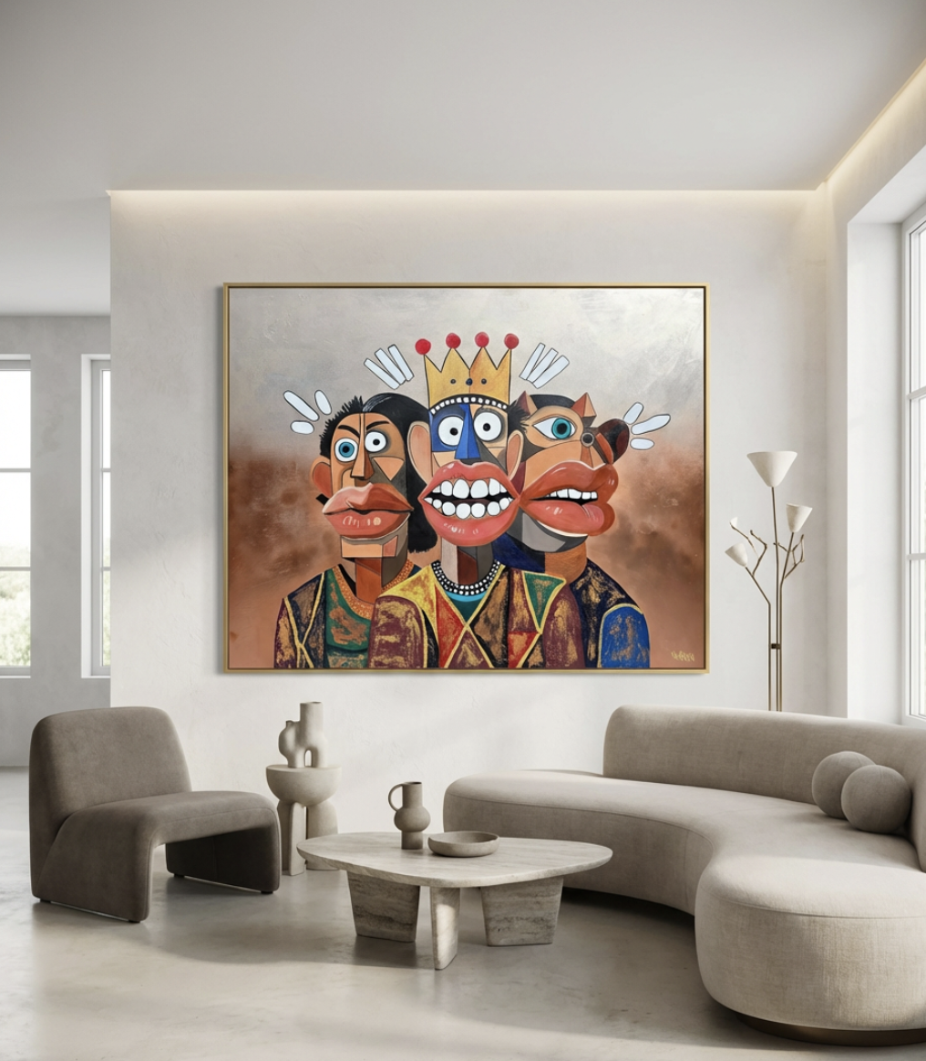 Three surreal characters with bold expressions and wide eyes stand together in Henrix’s Phantasia series.