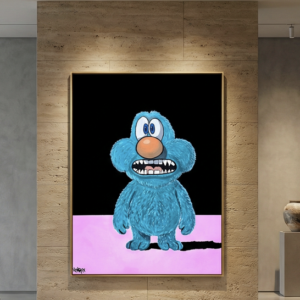 Tiny by Henrix, an expressive blue character inspired by the artist’s first dog, painted with oil, spray, and acrylic on canvas.