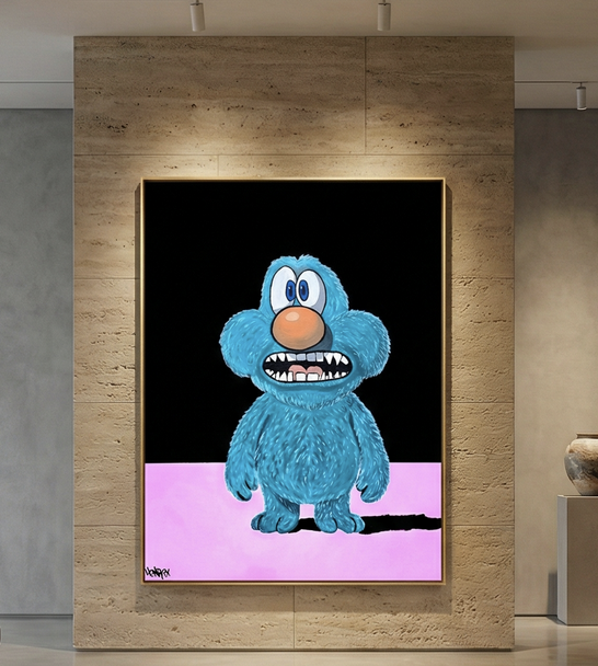 Tiny by Henrix, an expressive blue character inspired by the artist’s first dog, painted with oil, spray, and acrylic on canvas.