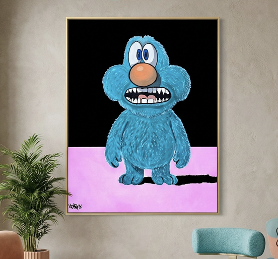 Tiny by Henrix, an expressive blue character inspired by the artist’s first dog, painted with oil, spray, and acrylic on canvas.