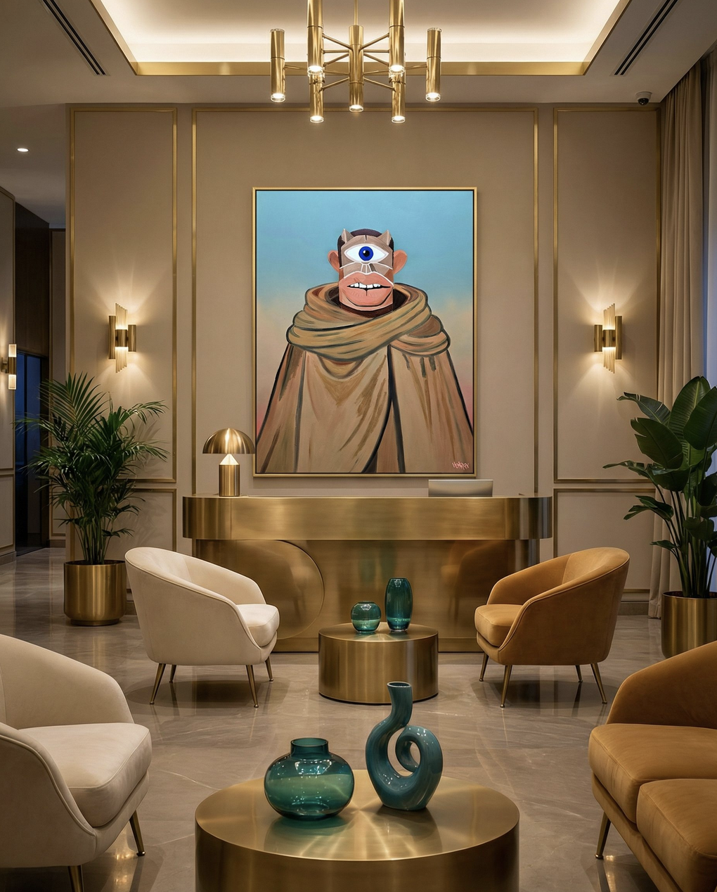 Surreal portrait by Henrix titled Nyros, showing a figure with a single eye, and layered tan fabric.