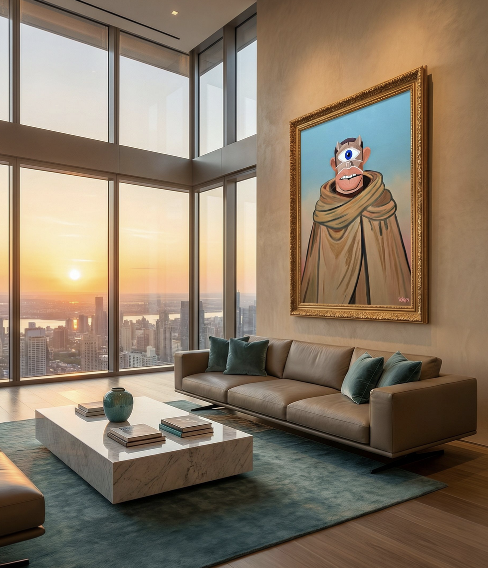 Surreal portrait by Henrix titled Nyros, showing a figure with a single eye, and layered tan fabric.