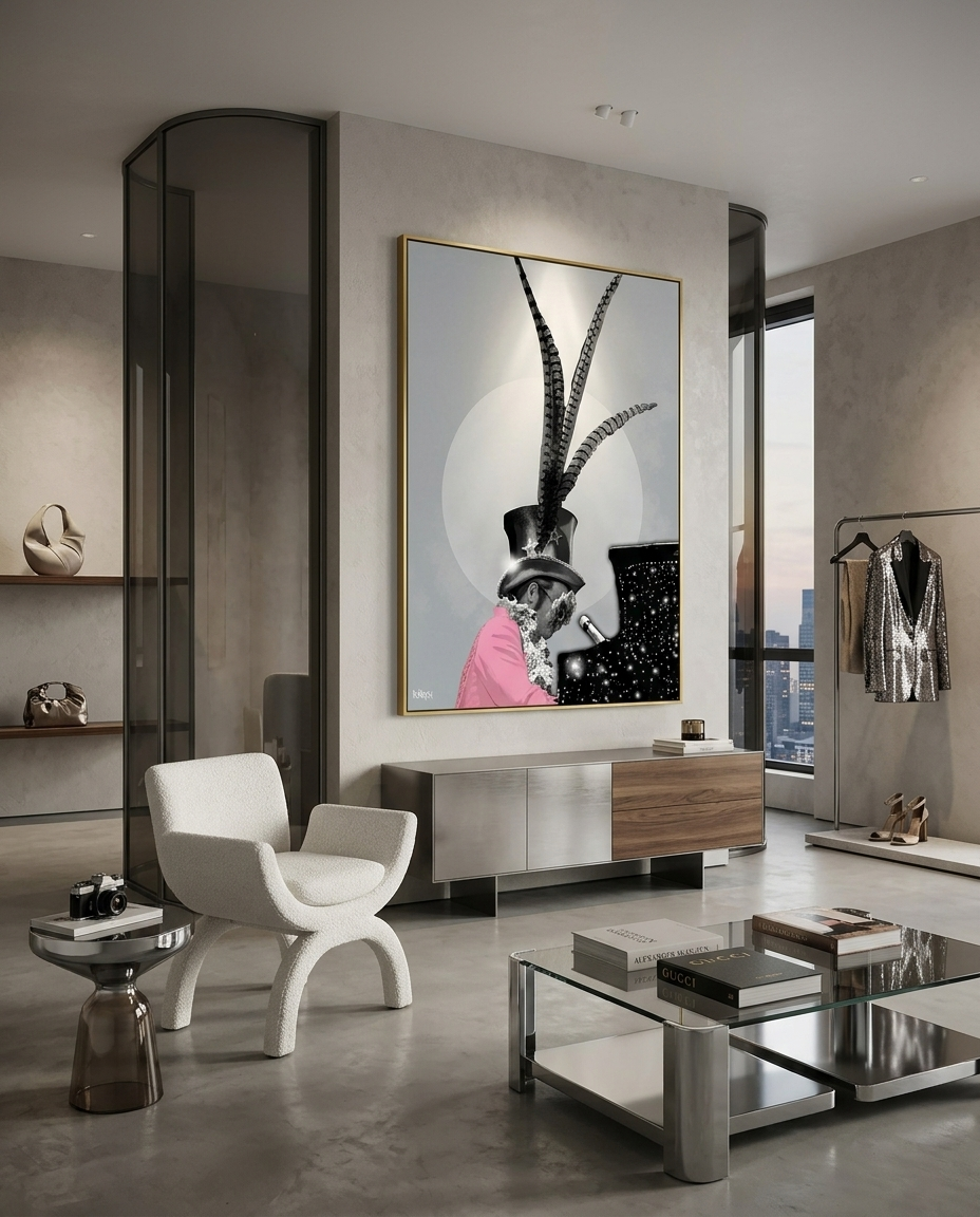 Elton John pop art canvas print by Henrix displayed in a modern luxury lounge with black curved sofa and elegant gold accents.