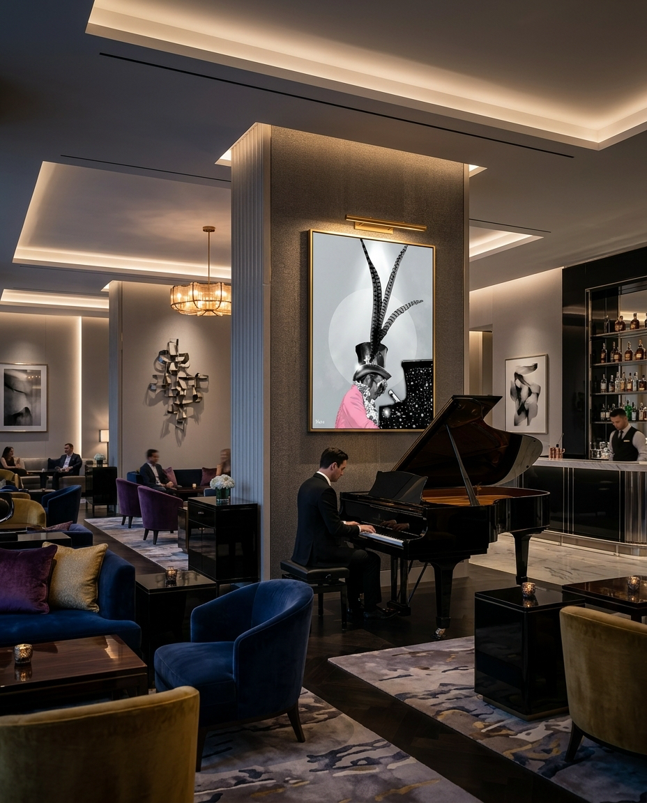 Elton John pop art canvas print by Henrix displayed in a modern luxury lounge with black curved sofa and elegant gold accents.