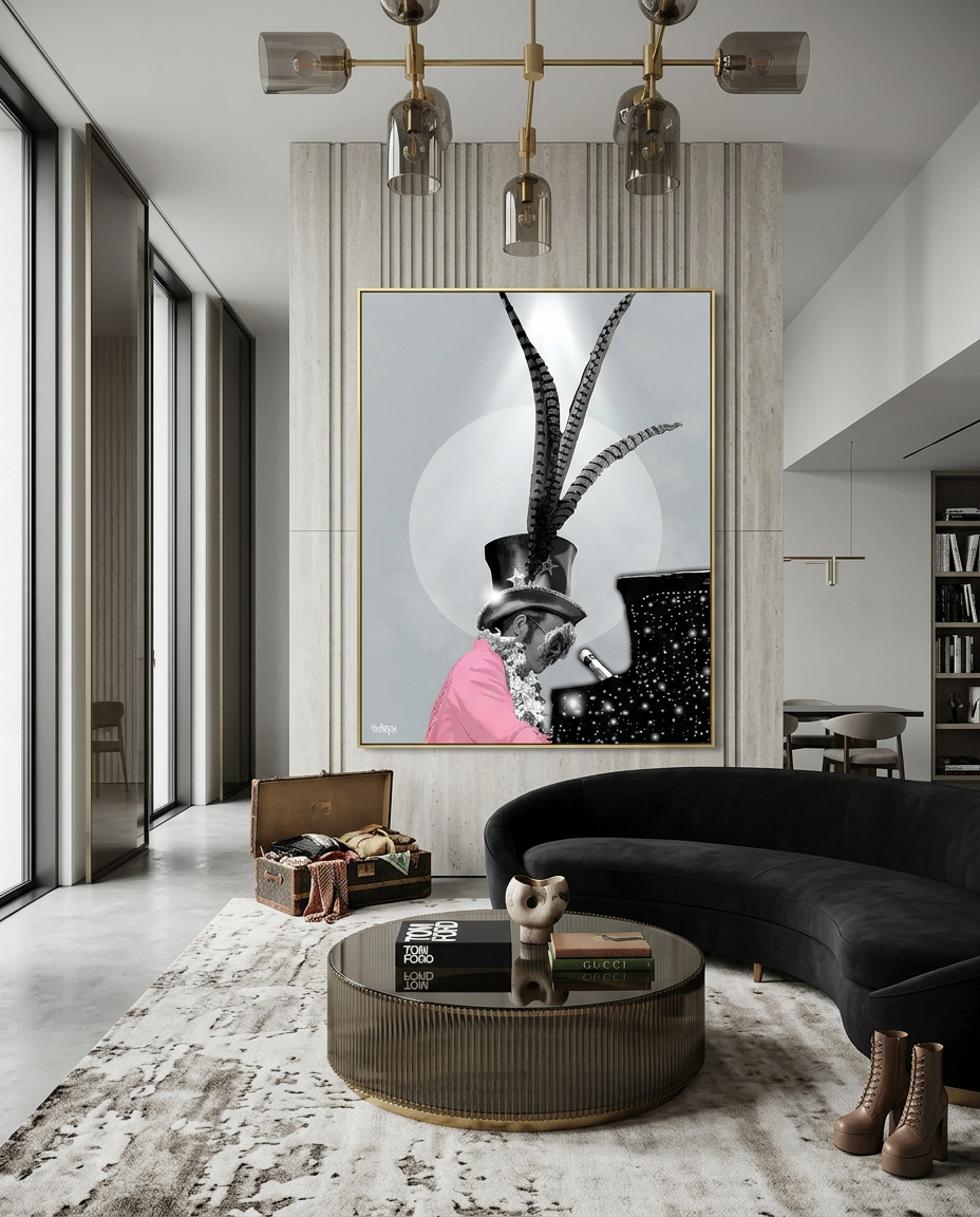 Elton John inspired canvas artwork by Henrix featured in an upscale piano bar with velvet seating and dramatic cinematic lighting.